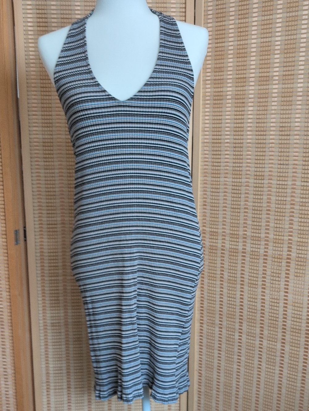 American Eagle Outfitters Black Brown White Striped V-Neck Halter Midi Dress